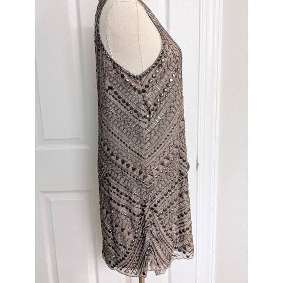 Parker 100% Silk Fully Beaded Allegra Mini Dress Taupe Size M Fairy Goth Grunge - Picture 6 of 16